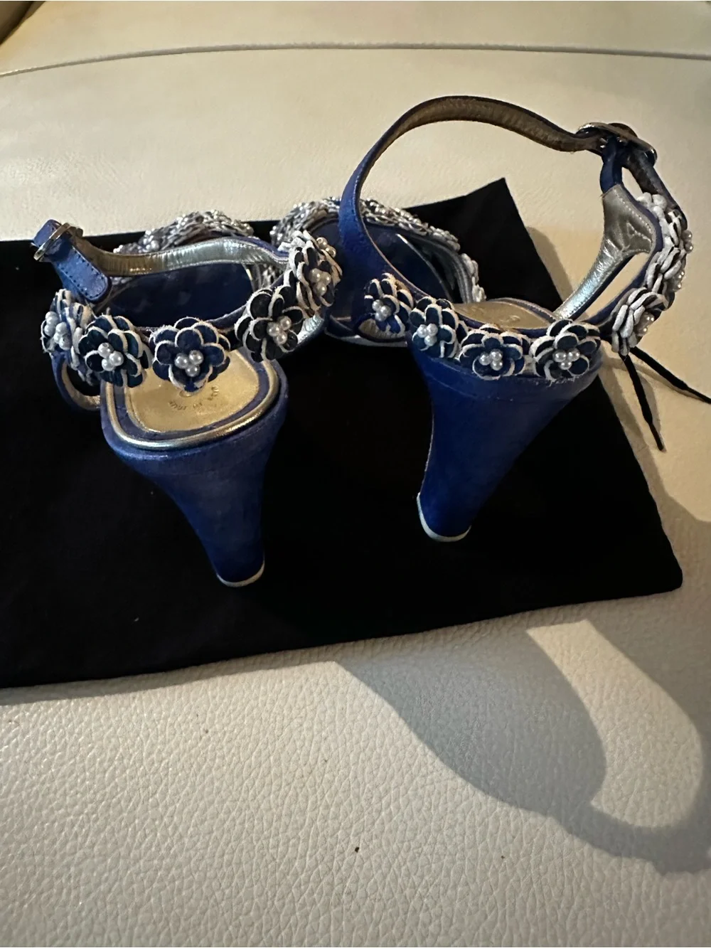 Chanel Vivid Blue Camellia Pearls CC Ankle Strap Sandals Eu 36